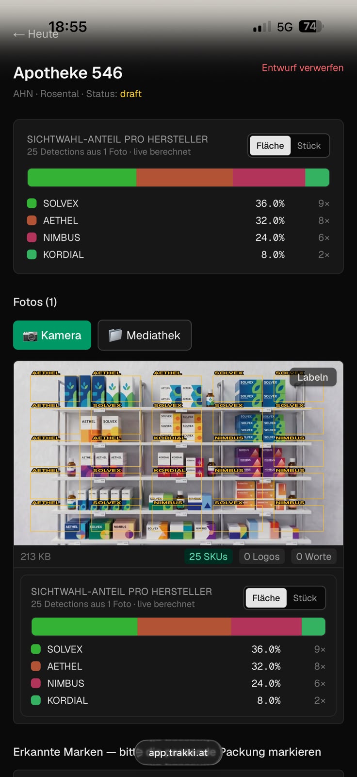 Die trakki-App wertet das Sichtwahl-Foto aus: erkannte Produkte und Marktanteil pro Hersteller.